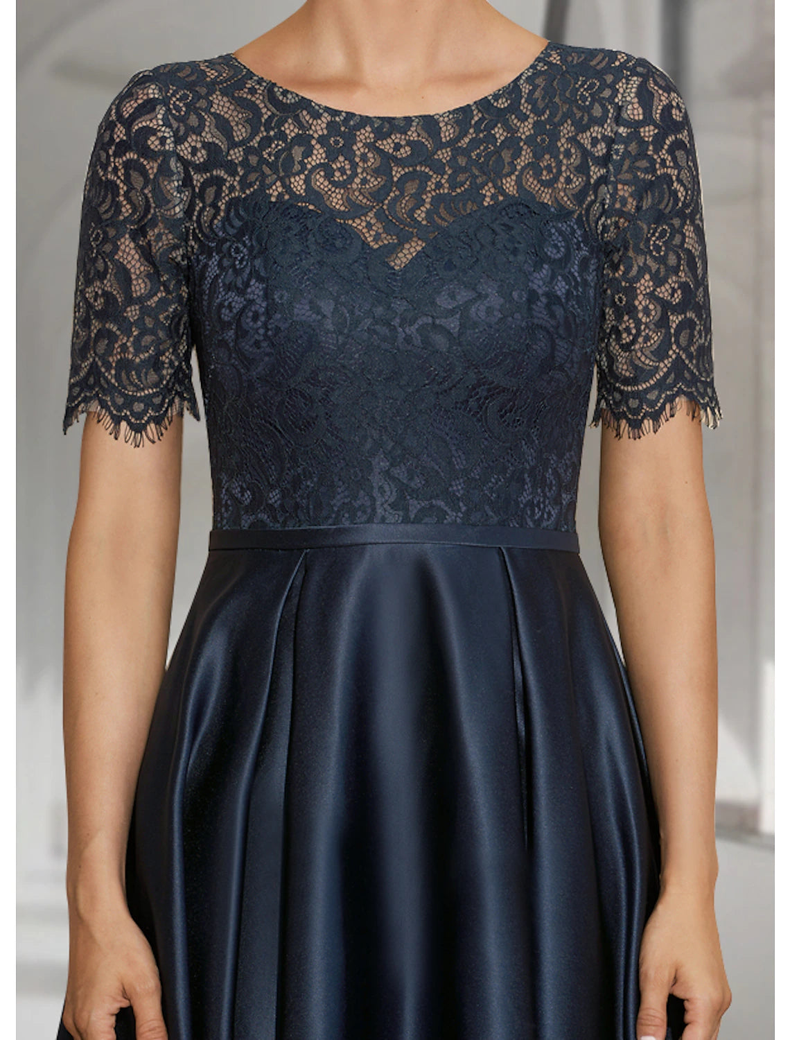 A-Line Mother of the Bride Dress Fall Wedding Guest Elegant High Low Jewel Neck Asymmetrical Tea Length Satin Lace Short Sleeve with Pleats 2023