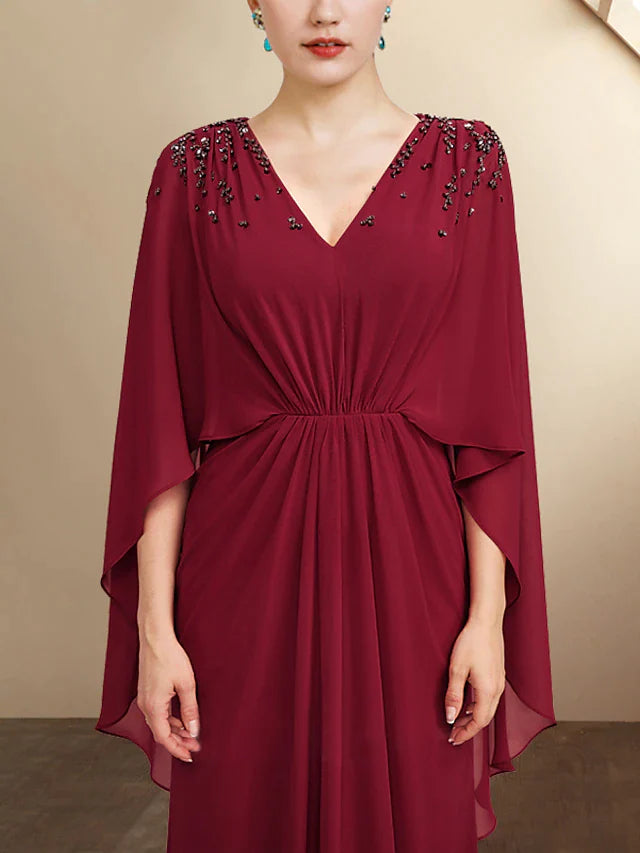A-Line Mother of the Bride Dress Plus Size Elegant V Neck Floor Length Chiffon Half Sleeve with Pleats Beading Ruffles