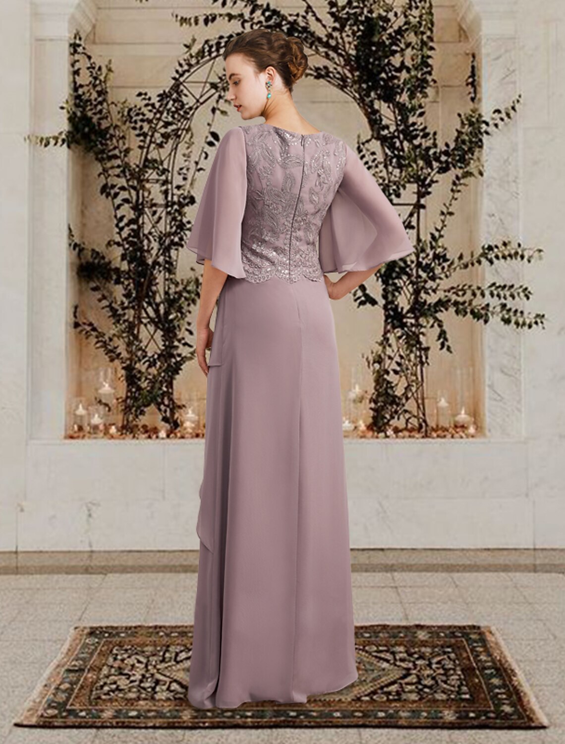 Sheath / Column Mother of the Bride Dress Plus Size Elegant Jewel Neck Floor Length Chiffon Lace Short Sleeve with Ruffles Appliques