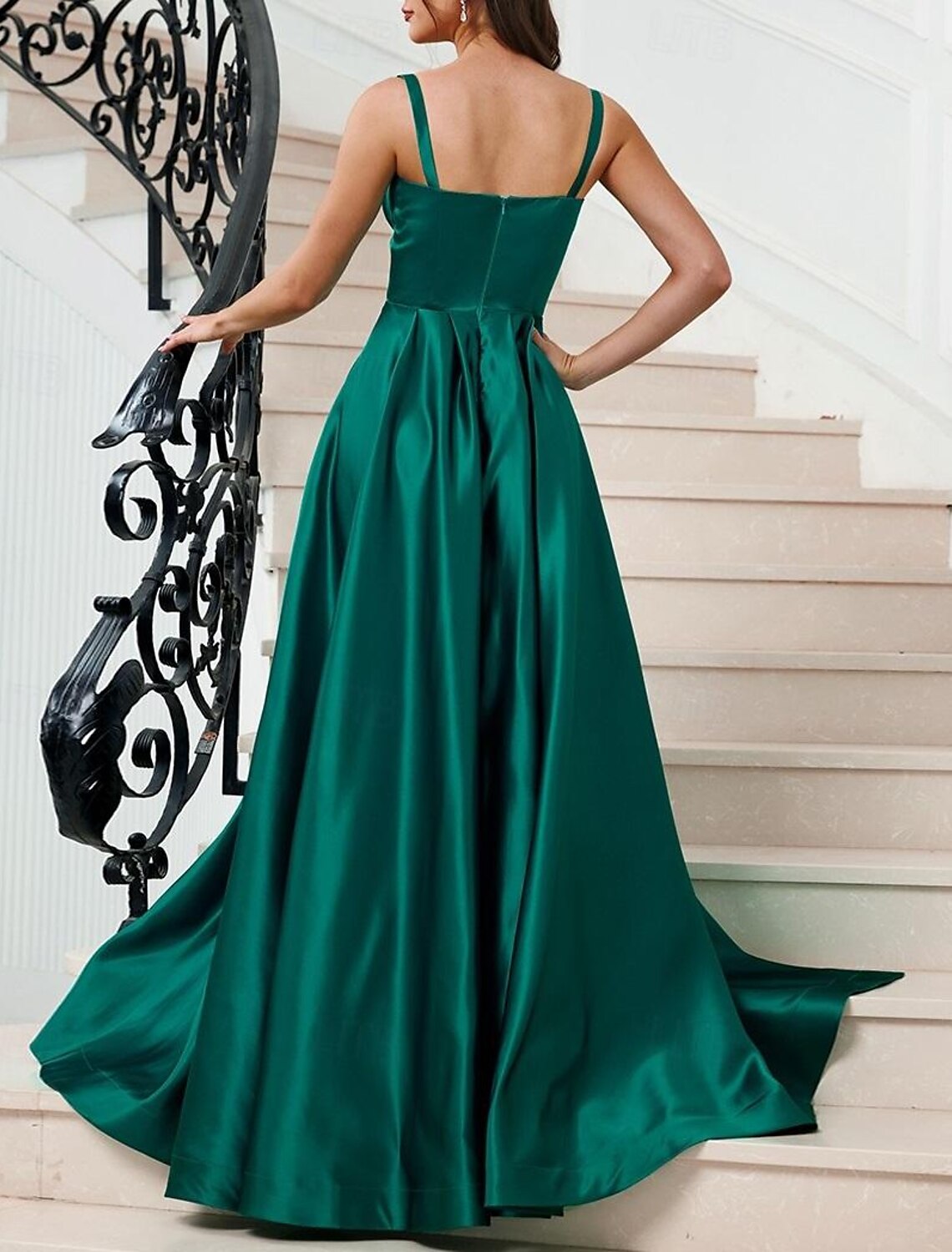 A-Line Prom Dresses High Waisted Dress Formal Wedding Guest Floor Length Sleeveless Scoop Neck Satin with Slit Pocket