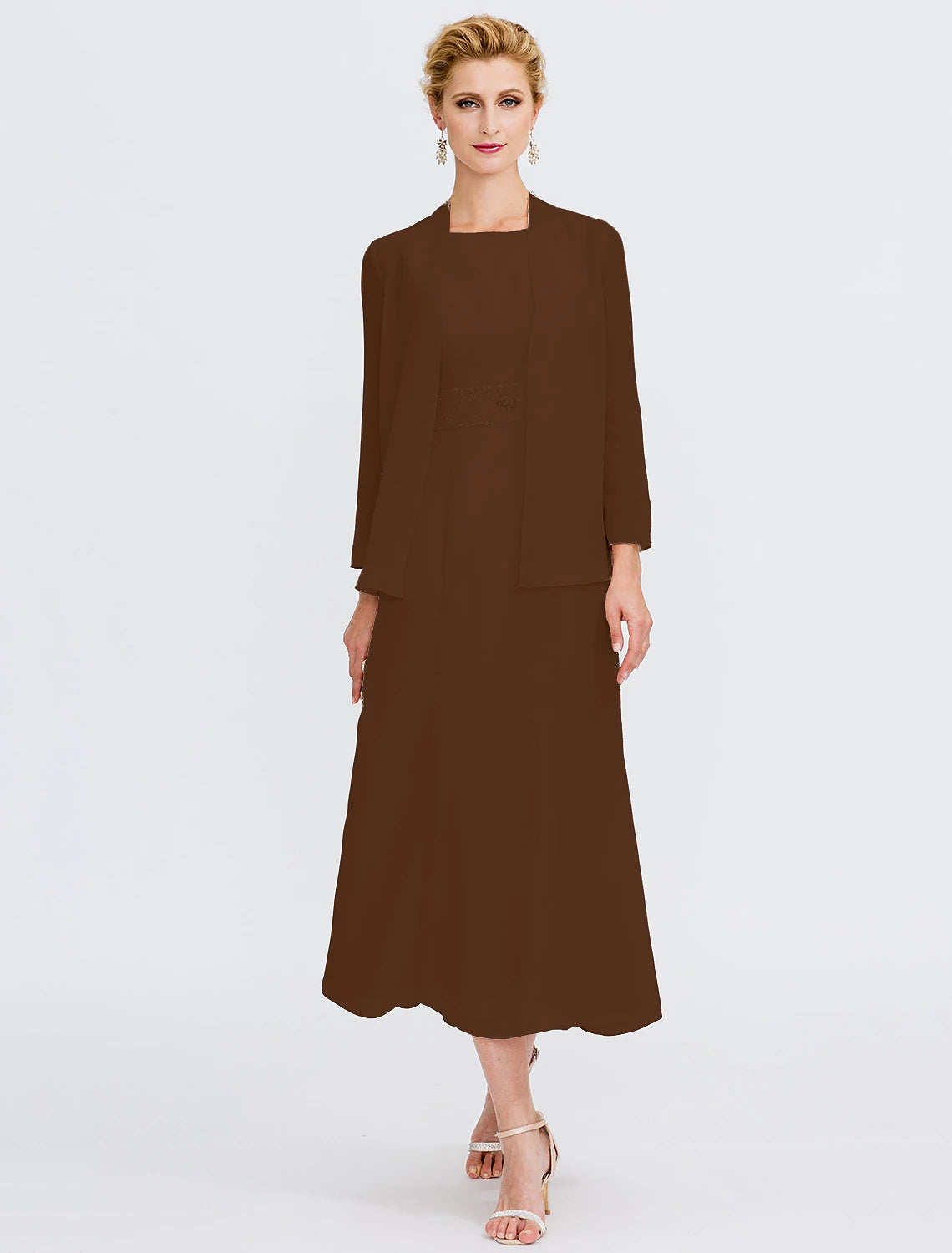 Two Piece Sheath / Column Mother of the Bride Dress Fall Wedding Guest Dresses Plus Size Elegant Jewel Neck Tea Length Chiffon Sleeveless Wrap Included with Sash / Ribbon Pleats Beading 2023