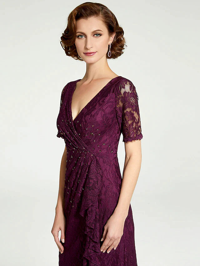 DingjiSheath / Column Mother of the Bride Dress V Neck Floor Length Lace Short Sleeve with Lace Beading