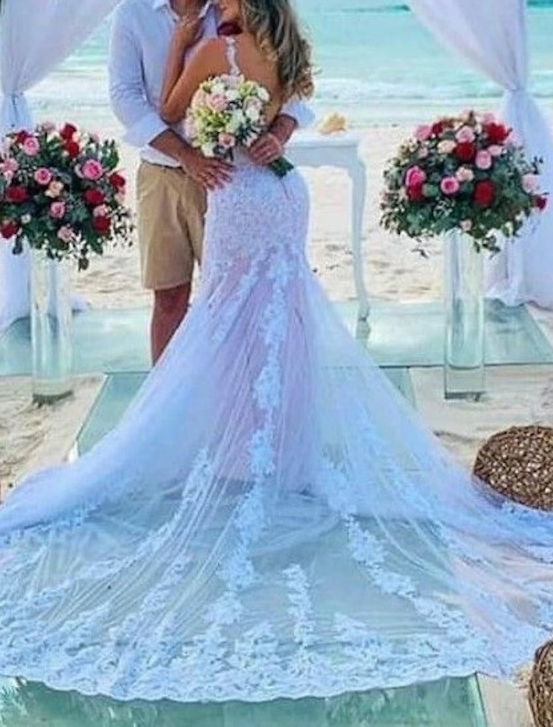 Beach Wedding Dresses in Color Wedding Dresses Mermaid / Trumpet Sweetheart Camisole Spaghetti Strap Chapel Train Satin Bridal Gowns With Appliques