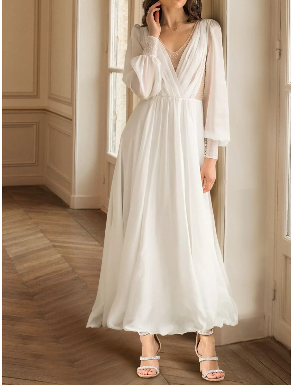 Bridal Shower Little White Dresses Wedding Dresses A-Line V Neck Long Sleeve Ankle Length Chiffon Bridal Gowns With Solid Color