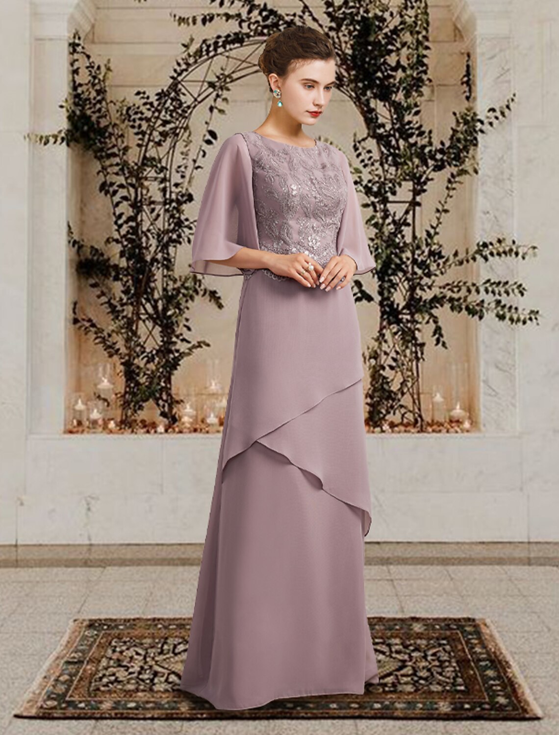 Sheath / Column Mother of the Bride Dress Plus Size Elegant Jewel Neck Floor Length Chiffon Lace Short Sleeve with Ruffles Appliques