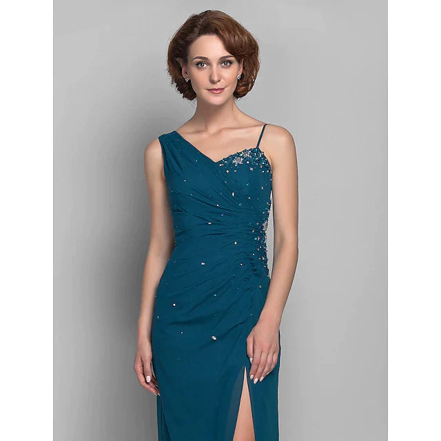 Sheath / Column Mother of the Bride Dress Furcal One Shoulder Floor Length Chiffon Sleeveless with Beading