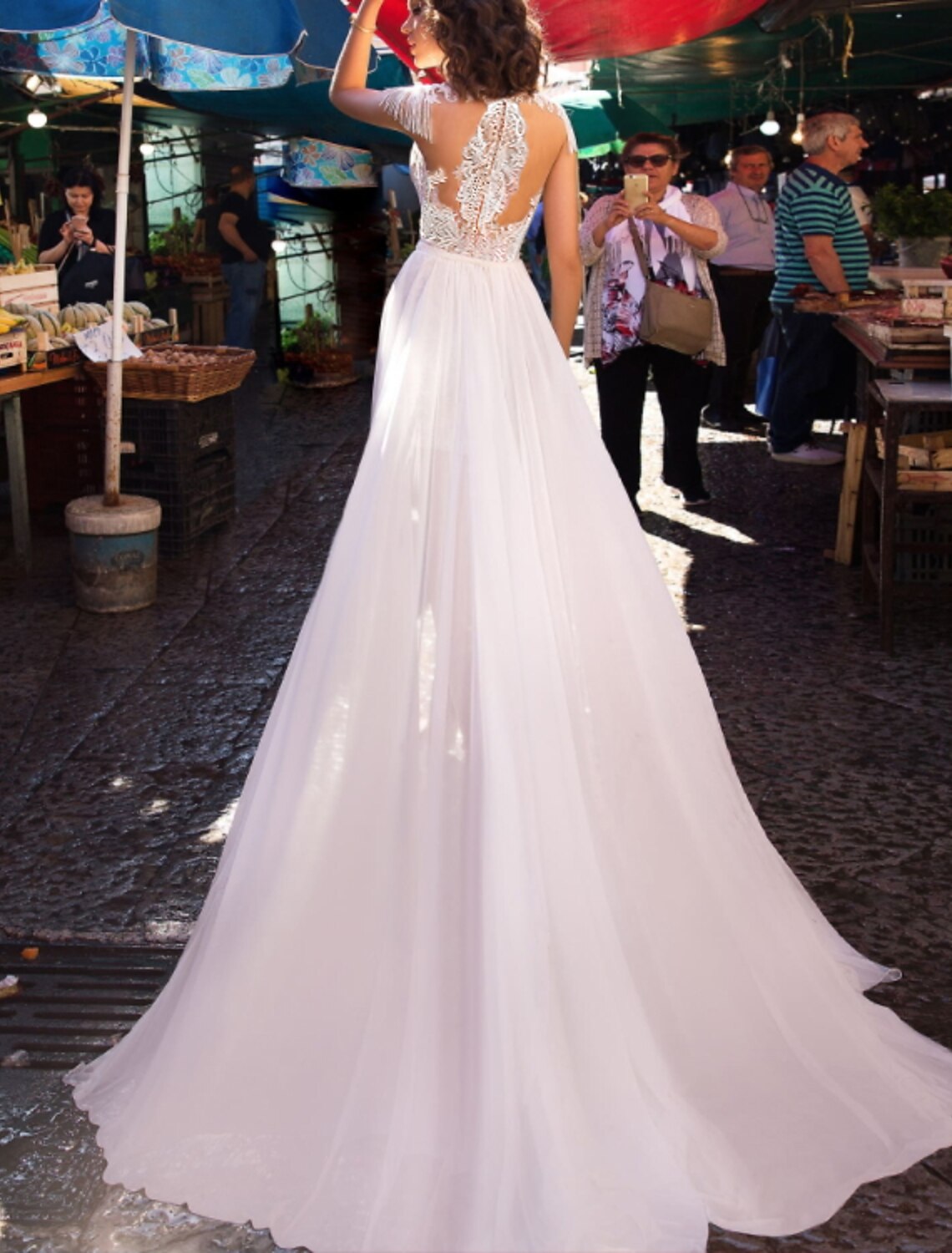 Bachelorette Party Wedding Dresse Little White Dressess Sheath / Column Illusion Neck Sleeveless Sweep / Brush Train Chiffon Bridal Gowns With Appliques Summer Fall Party Women's Clothing