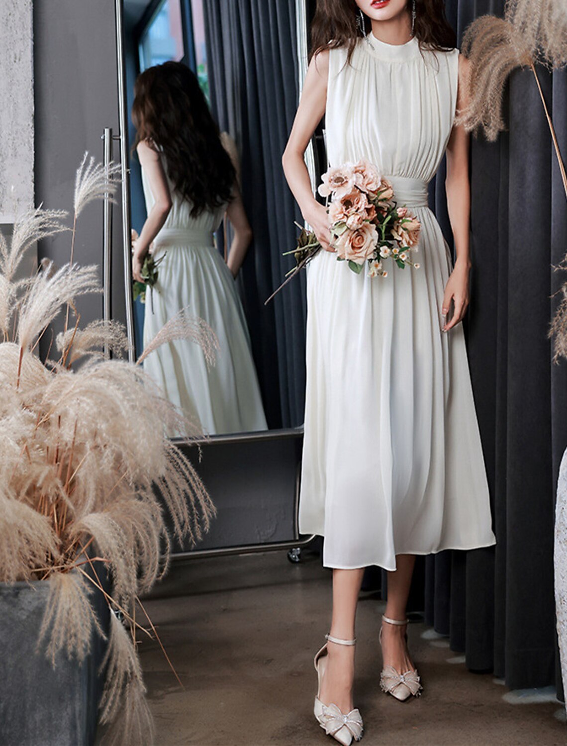 Reception Little White Dresses Wedding Dresses A-Line High Neck Sleeveless Tea Length Chiffon Bridal Gowns With Pleats Solid Color