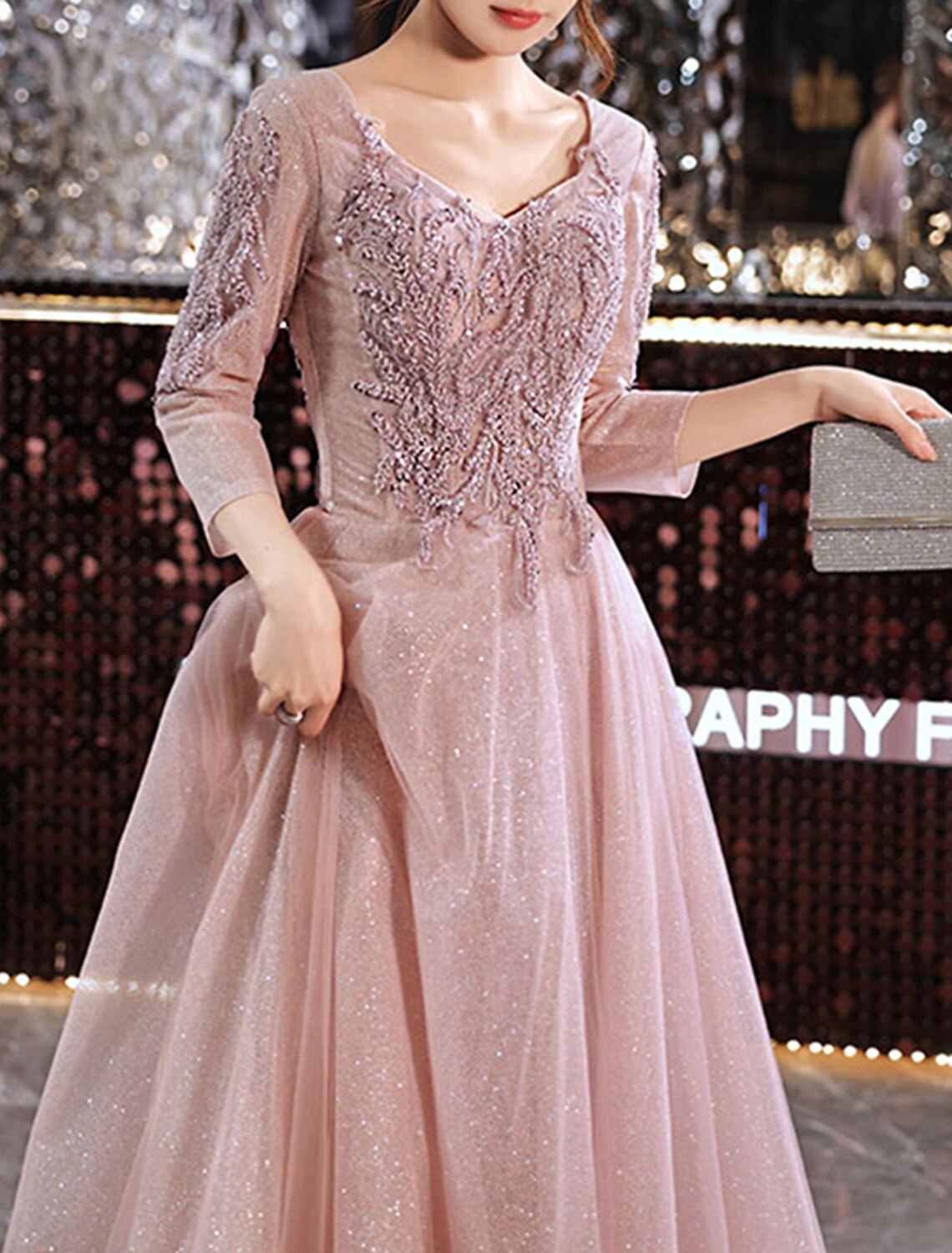 A-Line Prom Dresses Sparkle & Shine Dress Wedding Guest Prom Floor Length 3/4 Length Sleeve V Neck Lace with Appliques