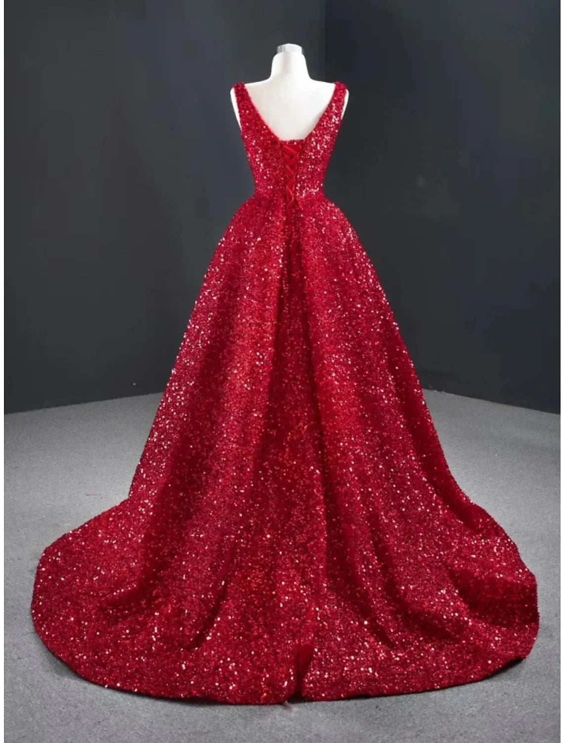 Dingji A-Line Evening Gown Party Dress Formal Sweep / Brush Train Christmas Red Green Dress Sleeveless V Neck Sequined with Glitter Pleats