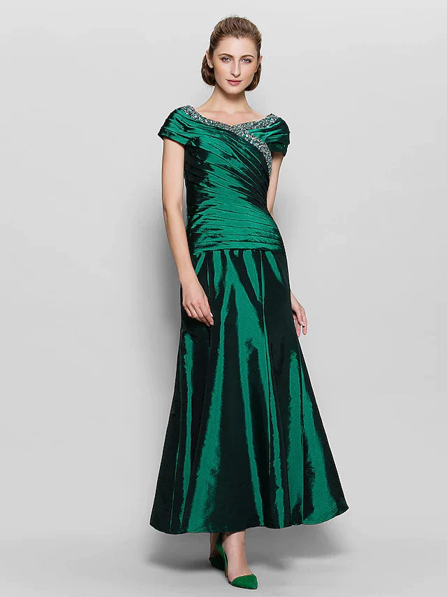 A-Line Mother of the Bride Dress Vintage Inspired V Neck Ankle Length Taffeta Short Sleeve with Beading Side Draping