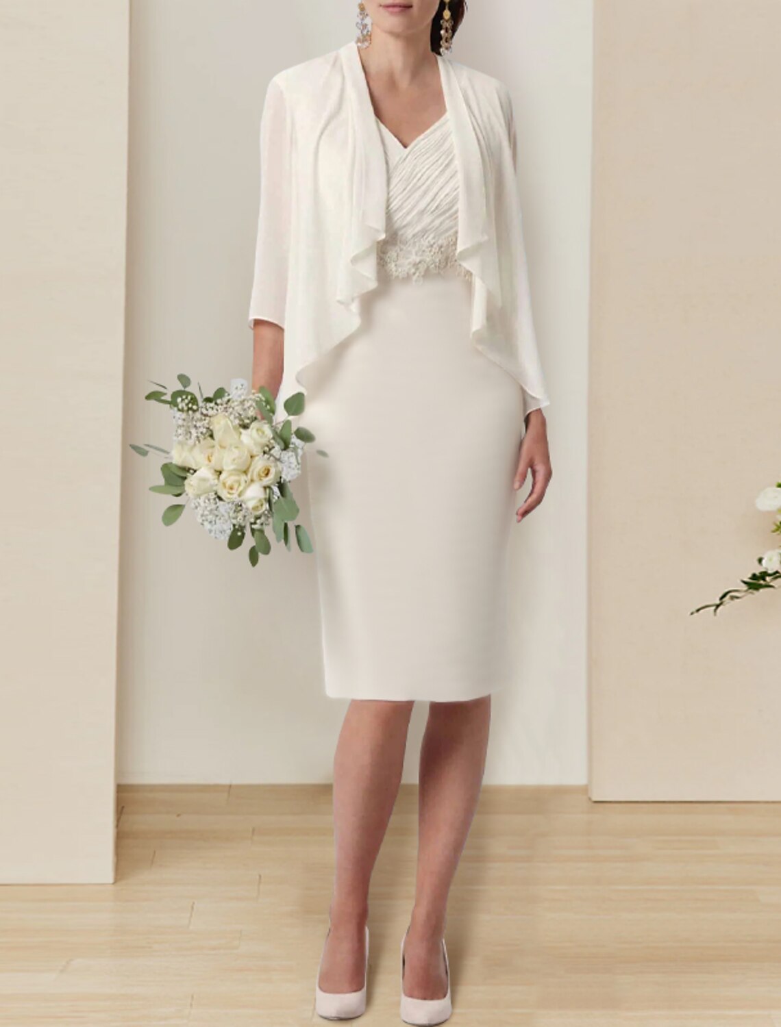 Bridal Shower Little White Dresses Mature Wedding Dresses Sheath / Column V Neck Sleeveless Knee Length Chiffon Bridal Gowns With Ruched Solid Color