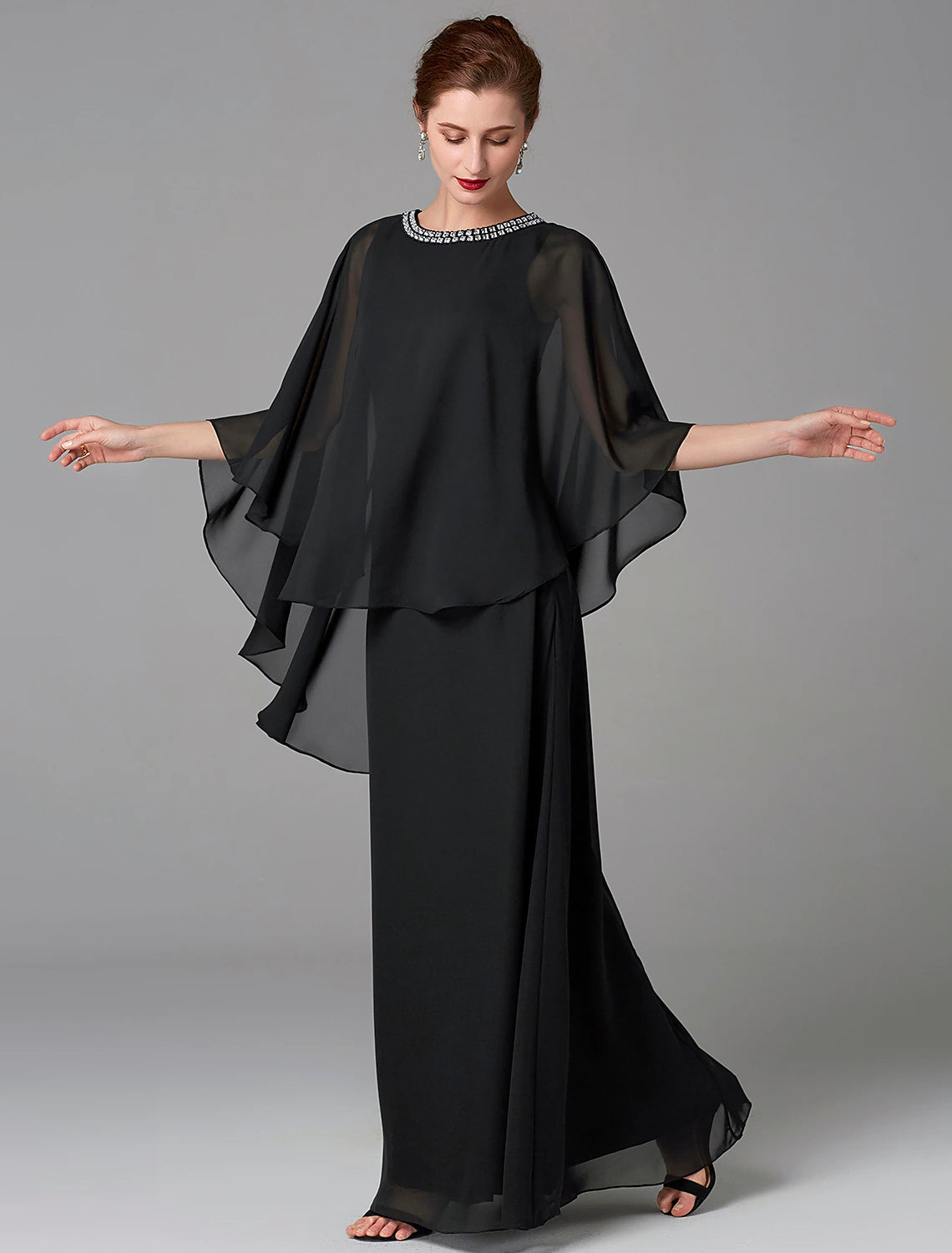 A-Line Mother of the Bride Dress Wedding Guest Plus Size Elegant Jewel Neck Floor Length Chiffon Sleeveless with Beading 2023