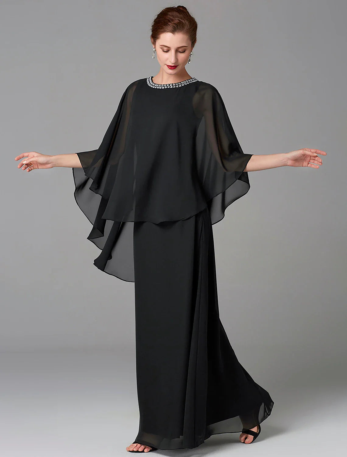 A-Line Mother of the Bride Dress Wedding Guest Elegant Cape Dress Plus Size Jewel Neck Floor Length Chiffon Sleeveless with Beading