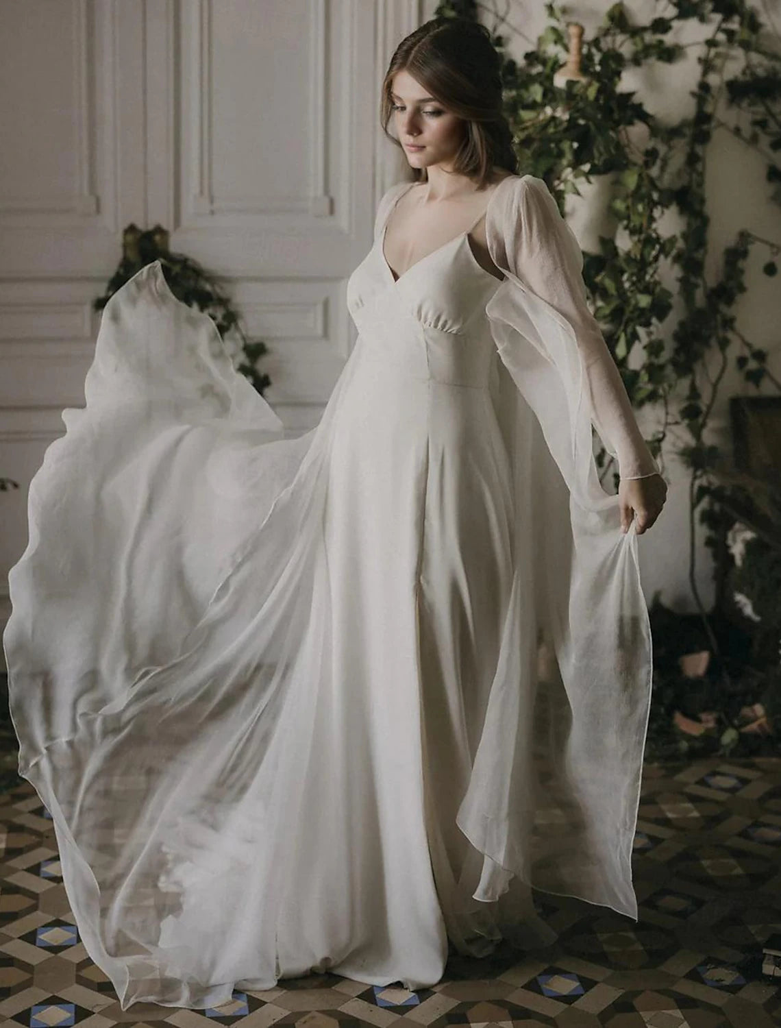 Little White Dresses Wedding Dresses Two Piece Camisole V Neck Spaghetti Strap Sweep / Brush Train Chiffon Bridal Suits Bridal Gowns With Split Front Solid Color