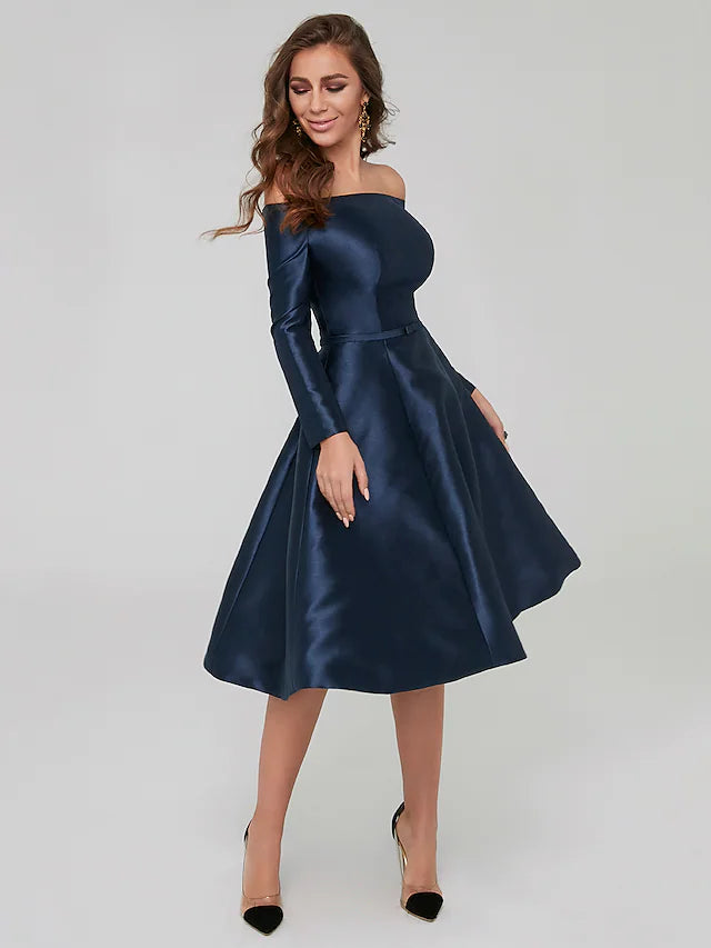 DingjiA-Line Special Occasion Dresses Party Dress Wedding Guest Knee Length Long Sleeve Off Shoulder Satin with Pleats