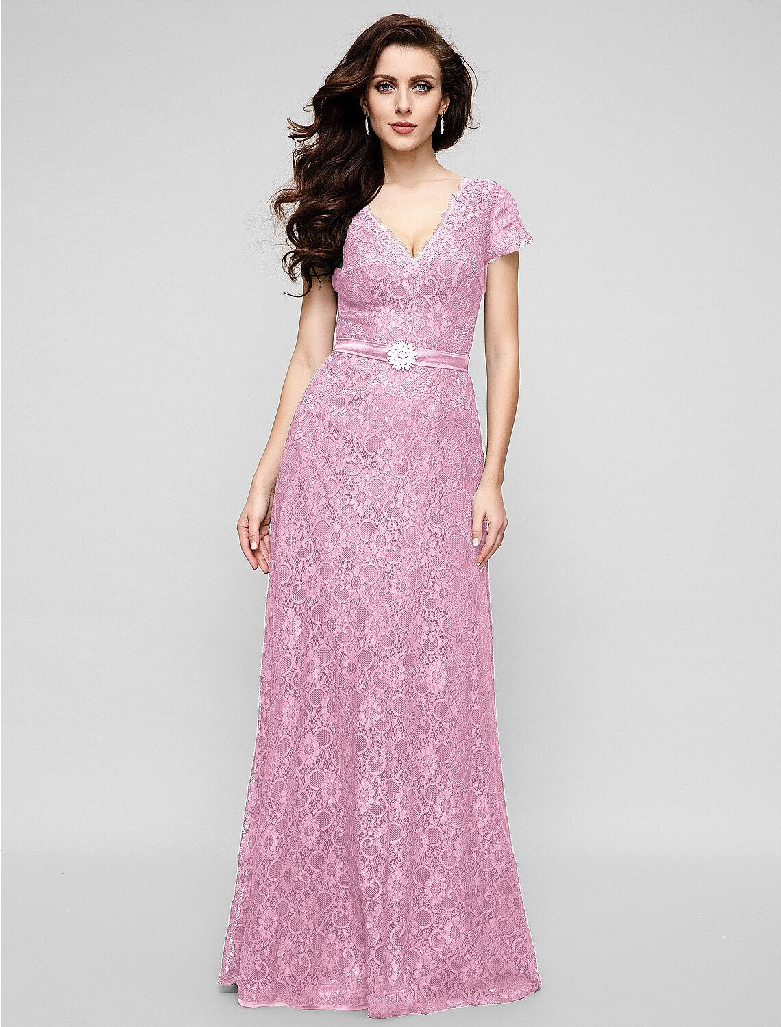 A-Line Elegant Dress Holiday Cocktail Party Floor Length Short Sleeve V Neck All Over Lace with Crystal Brooch