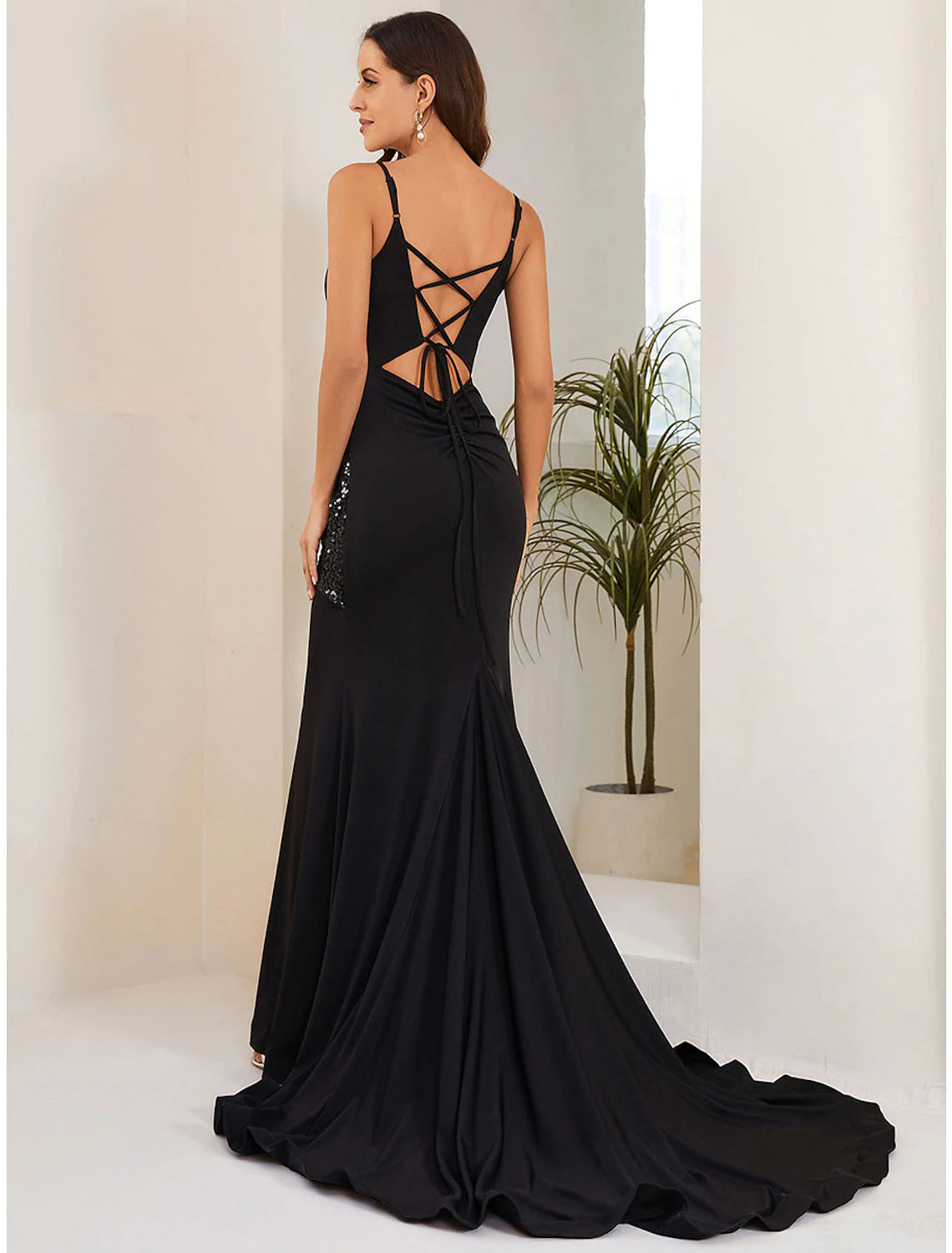 Mermaid / Trumpet Evening Gown Sexy Dress Formal Wedding Guest Court Train Sleeveless Spaghetti Strap Stretch Fabric with Crystals Slit