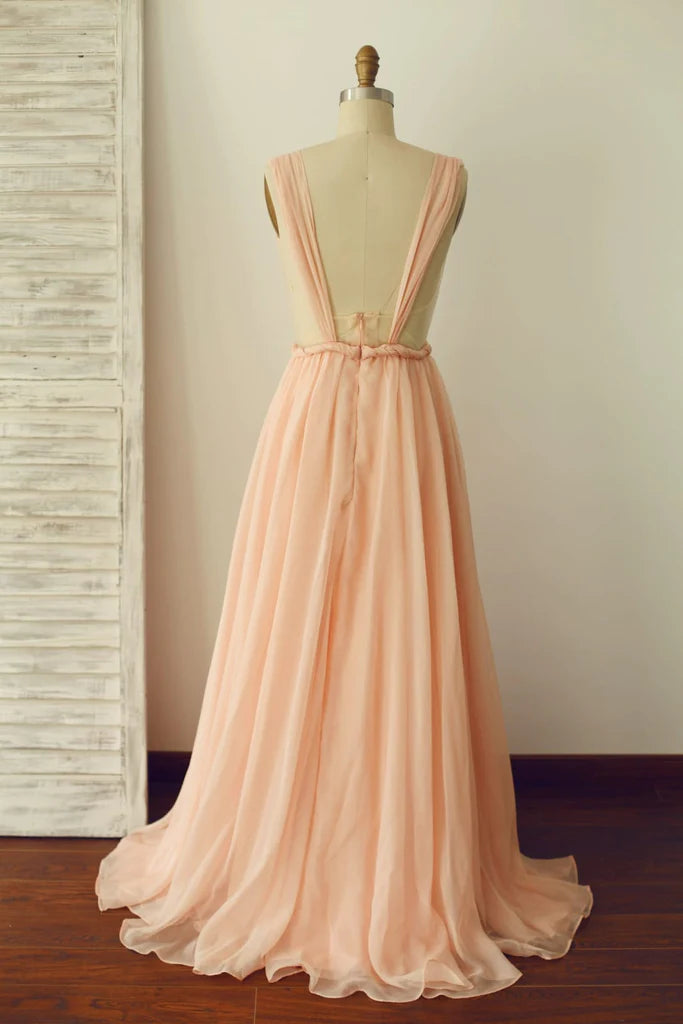 A Line Backless Straps Peach Chiffon Backless Prom Dress Evening Dress