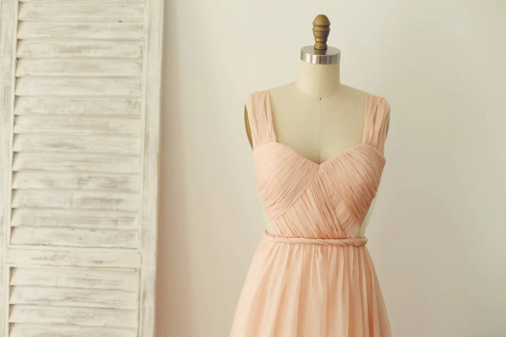 A Line Backless Straps Peach Chiffon Backless Prom Dress Evening Dress