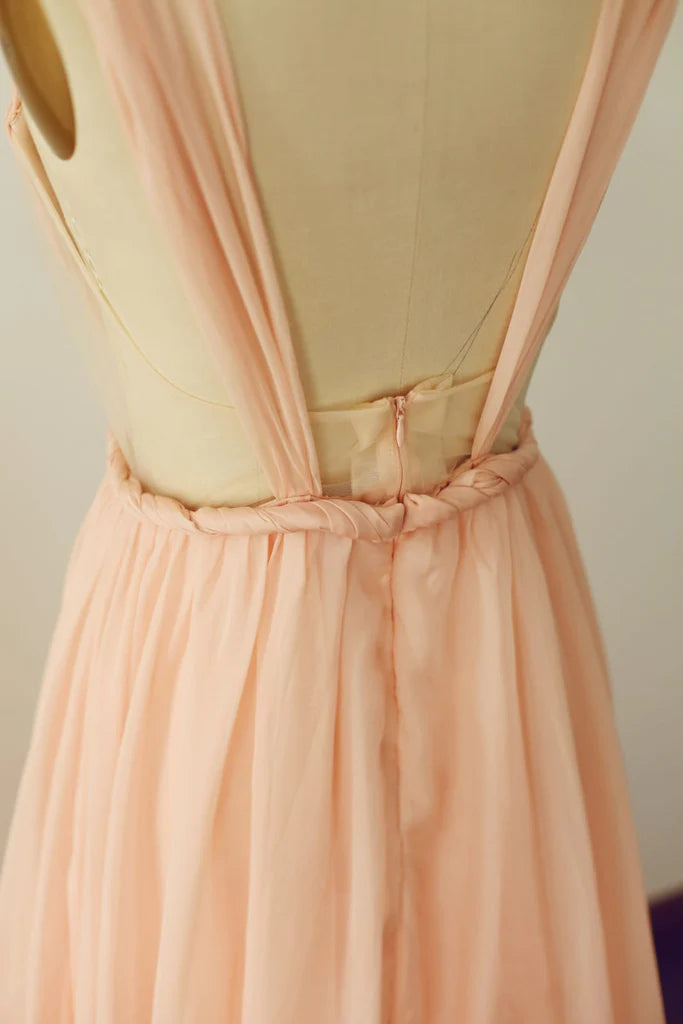 A Line Backless Straps Peach Chiffon Backless Prom Dress Evening Dress