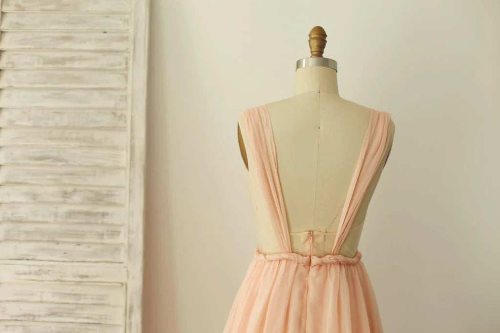 A Line Backless Straps Peach Chiffon Backless Prom Dress Evening Dress