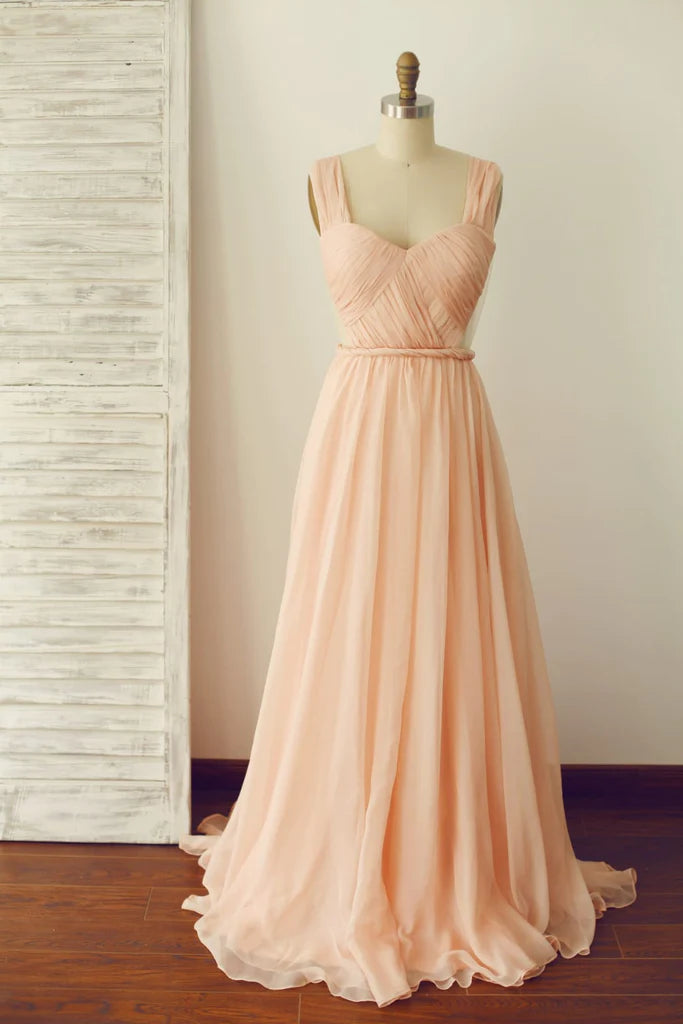 A Line Backless Straps Peach Chiffon Backless Prom Dress Evening Dress