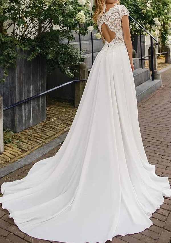 Elegant Satin and Lace Bateau A Line Court Train Wedding Dress with
