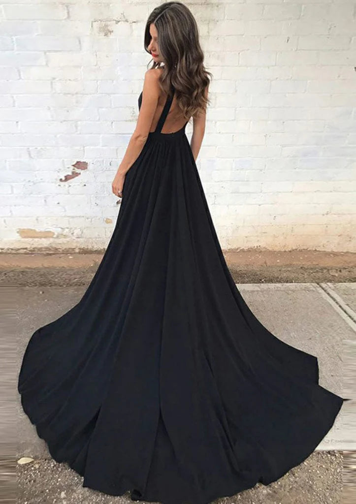 A-line Plunging Sleeveless Backless Court Black Charmeuse Prom Dress, Pleats