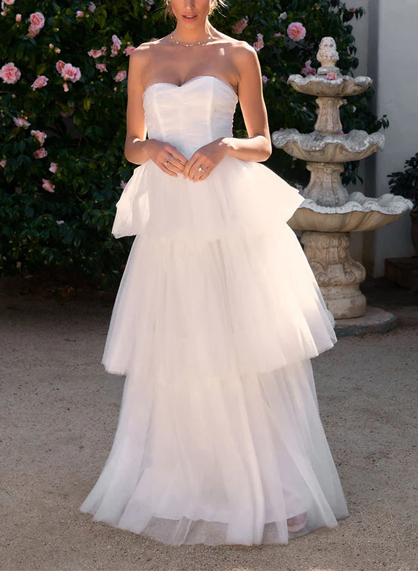 A-Line Sweetheart Sleeveless Floor-Length Tulle Wedding Dresses