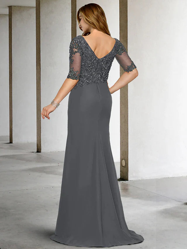 Mermaid / Trumpet Plus Size Curve Mother of the Bride Dresses Vintage Dress Formal Sweep / Brush Train Half Sleeve V Neck Chiffon with Pleats Appliques