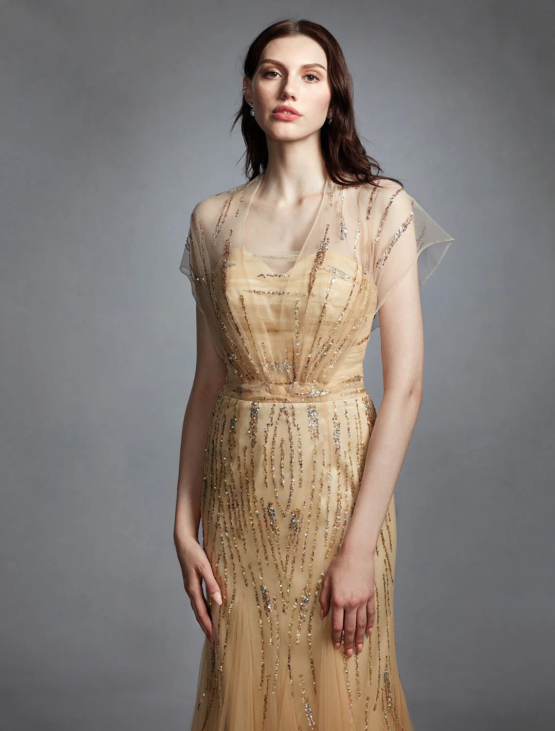 DingjiSheath / Column V Neck Sweep / Brush Train Tulle Made-To-Measure Wedding Dresses with Sequin