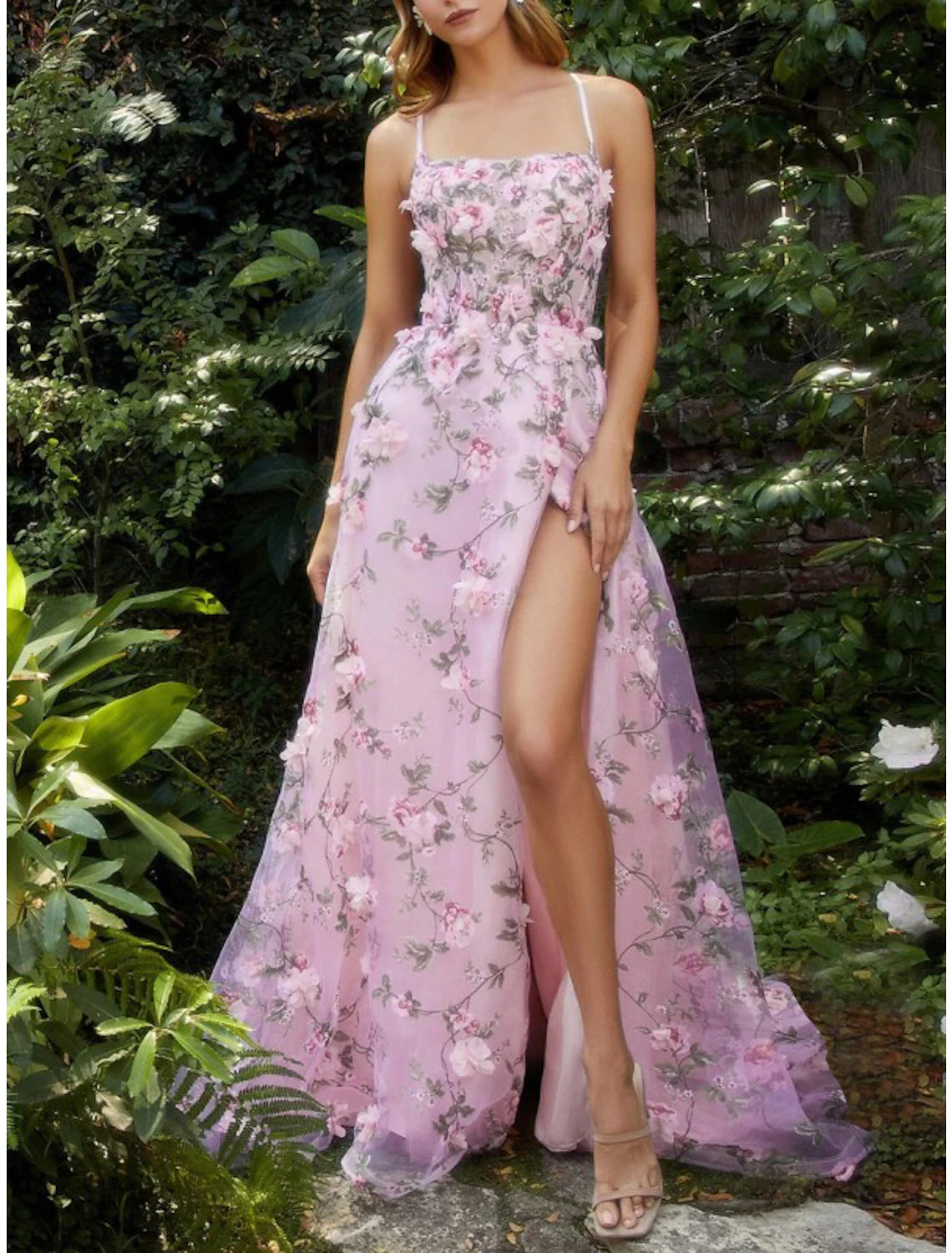 Sheath / Column Prom Dresses Floral Dress Wedding Guest Wedding Party Court Train Sleeveless Spaghetti Strap Lace Backless with Slit Appliques