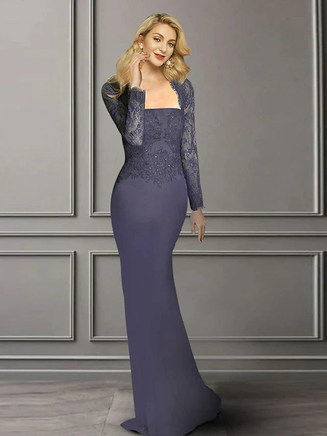 Sheath / Column Mother of the Bride Dress Elegant Square Neck Sweep / Brush Train Chiffon Lace Long Sleeve with Appliques
