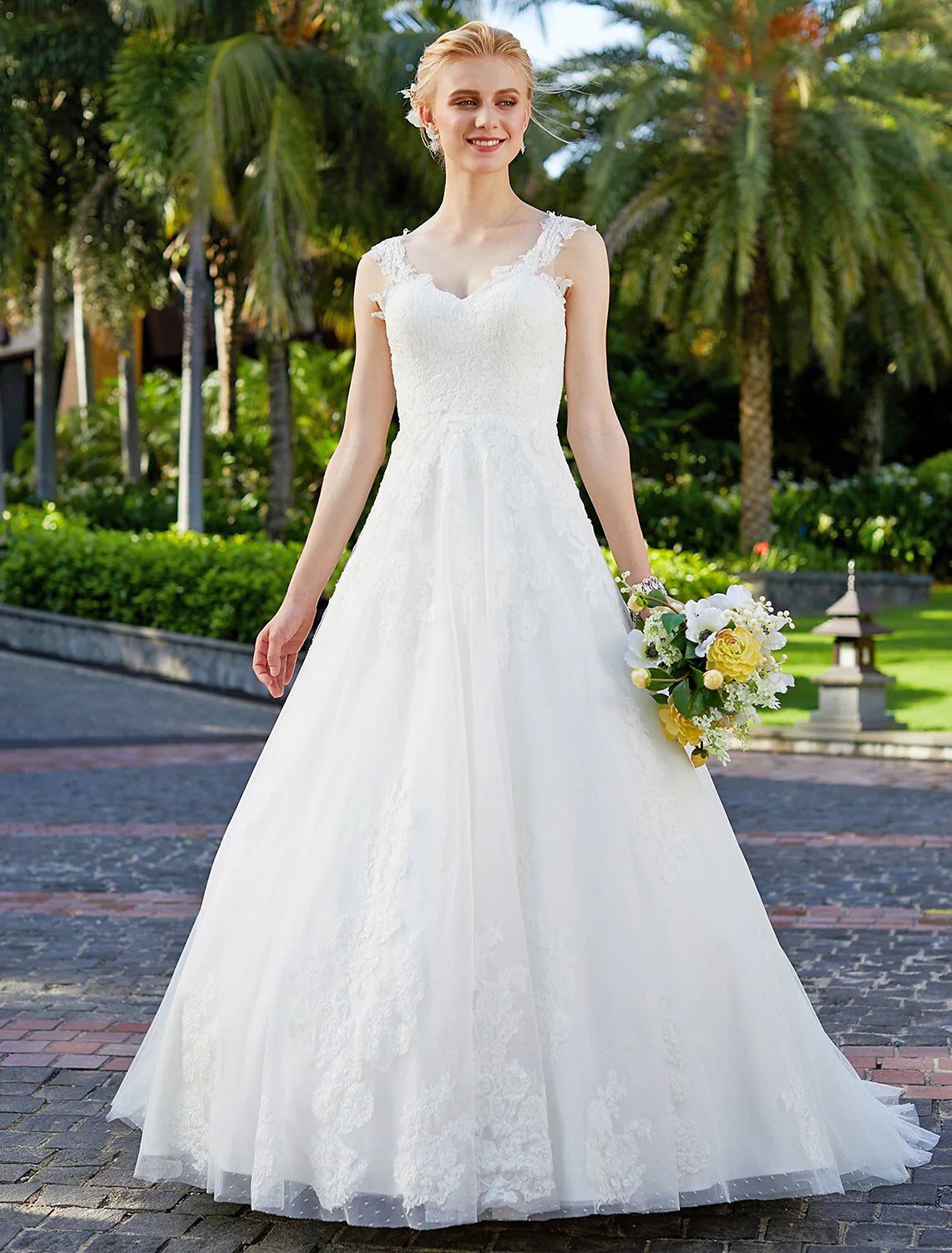 DingjiWedding Dresses Ball Gown V Neck Regular Straps Floor Length Tulle Over Lace Bridal Gowns With Lace Appliques