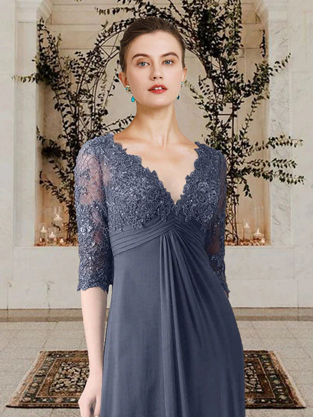 A-Line Mother of the Bride Dress Elegant V Neck Sweep / Brush Train Chiffon Lace Half Sleeve with Appliques