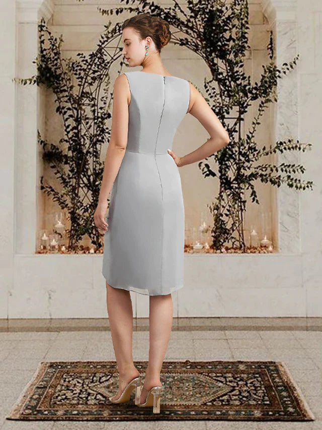 Two Piece Sheath / Column Mother of the Bride Dress Church Elegant Square Neck Jewel Neck Knee Length Chiffon Lace Sleeveless Wrap Included with Ruffles Appliques