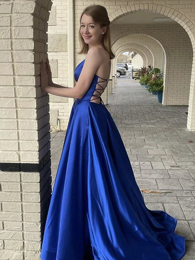 A-Line Prom Dresses Princess Dress Formal Sweep / Brush Train Sleeveless V Neck Pocket Satin Backless with Pocket