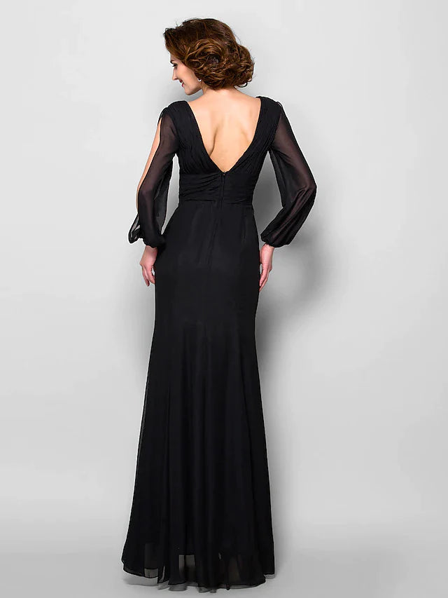 A-Line Mother of the Bride Dress Open Back V Neck Floor Length Chiffon Long Sleeve with Criss Cross
