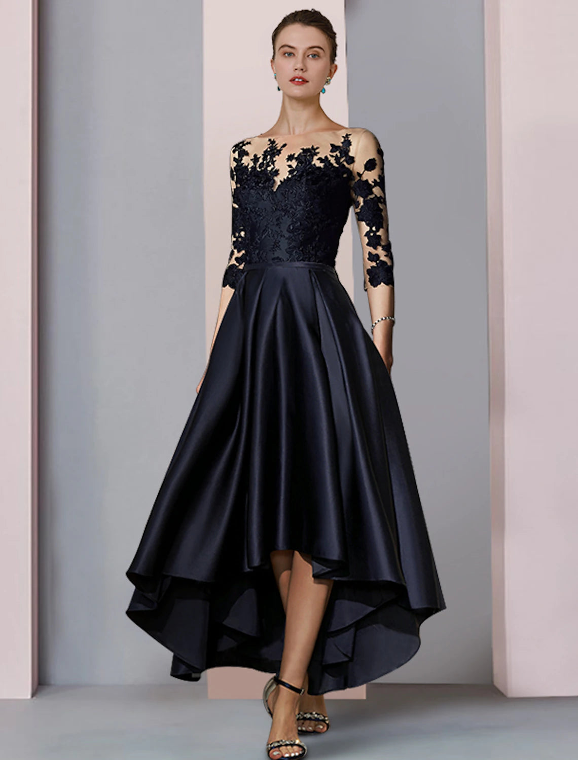 A-Line Mother of the Bride Dress Fall Wedding Guest Elegant High Low Scoop Neck Asymmetrical Tea Length Satin Lace 3/4 Length Sleeve with Pleats Appliques 2023