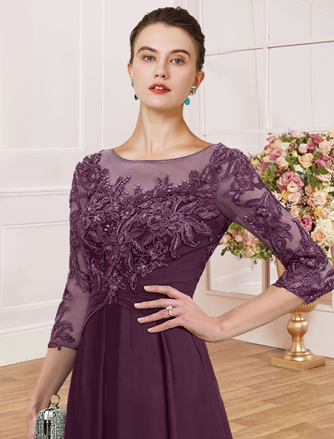 Sheath / Column Mother of the Bride Dress Wedding Guest Simple Elegant Jewel Neck Ankle Length Chiffon Lace 3/4 Length Sleeve with Pleats Sequin