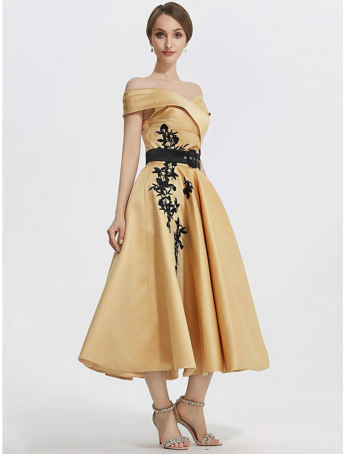 DingjiA-Line Cocktail Dresses Elegant Dress Formal Prom Tea Length Sleeveless Off Shoulder Satin with Appliques