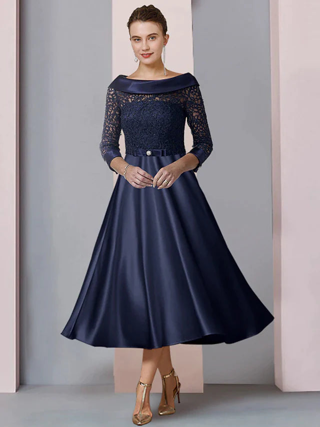 DingjiA-Line Mother of the Bride Dress Formal Wedding Guest Party Elegant Scoop Neck Tea Length Satin Lace 3/4 Length Sleeve with Bow(s) Pleats Appliques