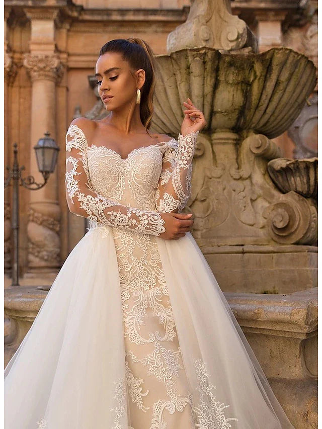DingjiEngagement Formal Wedding Dresses Court Train Two Piece Long Sleeve Sweetheart Lace With Appliques