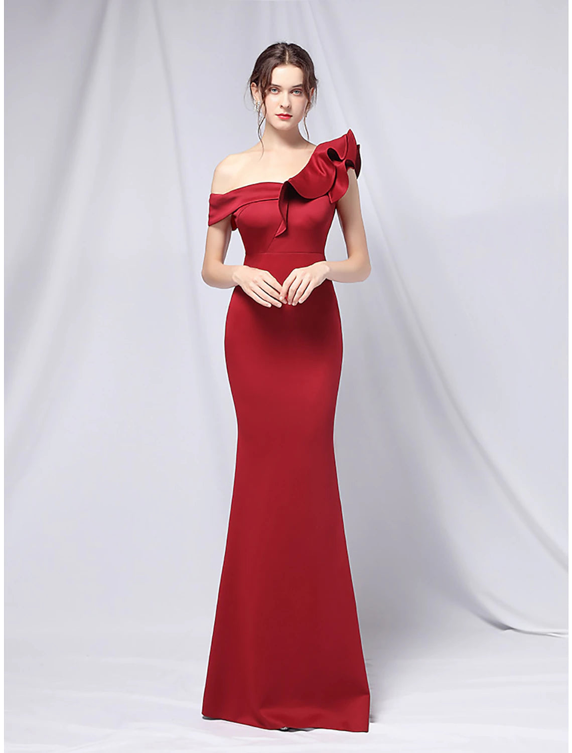 Mermaid / Trumpet Evening Gown Empire Dress Wedding Guest Floor Length Short Sleeve One Shoulder Stretch Satin with Ruffles
