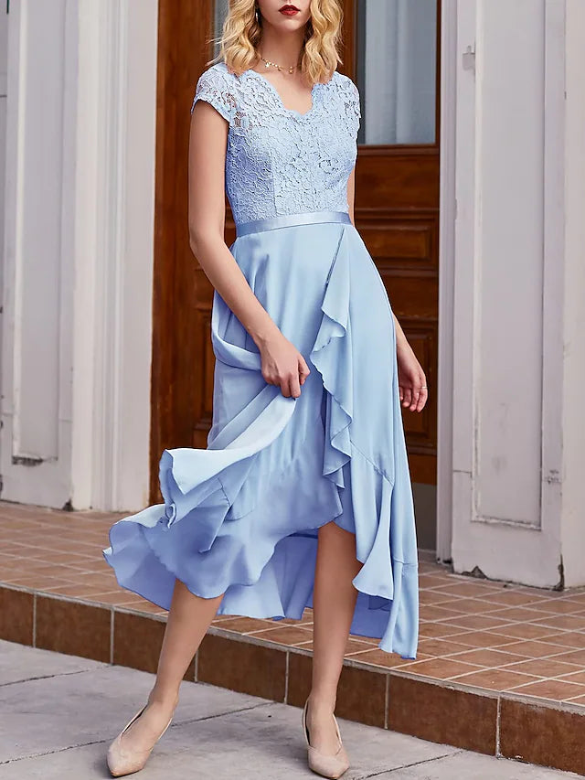 DingjiA-Line Cocktail Dresses Little Black Dress Dress Wedding Guest Asymmetrical Short Sleeve One Shoulder Chiffon with Pleats Lace Insert