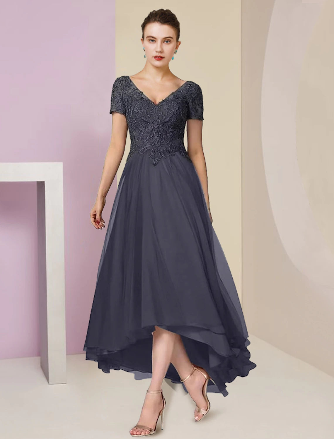 Two Piece A-Line Mother of the Bride Dress Formal Wedding Guest Elegant High Low V Neck Asymmetrical Tea Length Chiffon Lace Short Sleeve Wrap Included with Appliques 2023