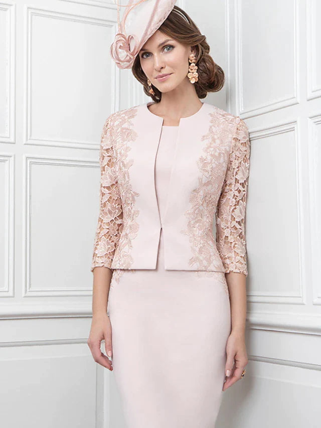 Sheath / Column Mother of the Bride Dress Vintage Plus Size Elegant Jewel Neck Knee Length Satin 3/4 Length Sleeve with Lace