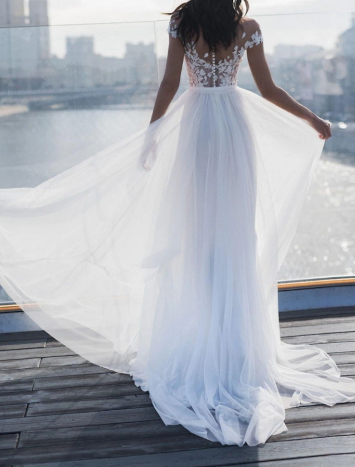 Beach Sexy Wedding Dresses A-Line Off Shoulder Sleeveless Sweep / Brush Train Chiffon Bridal Gowns With Split Front