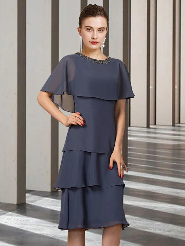 Sheath / Column Mother of the Bride Dress Elegant Jewel Neck Knee Length Chiffon Short Sleeve with Beading Ruffles